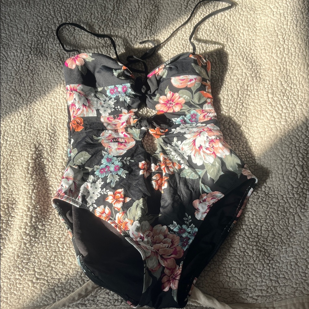 Time and Tru Black Floral One-Piece Swimsuit